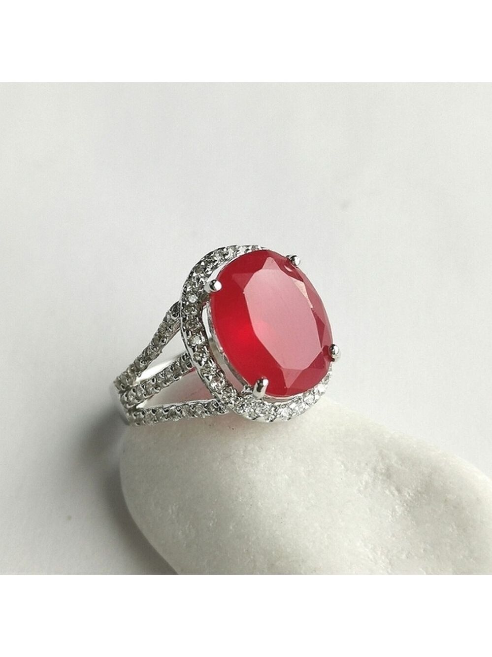 Ruby Doublet  Ring with White Sapphire Halo Size 7